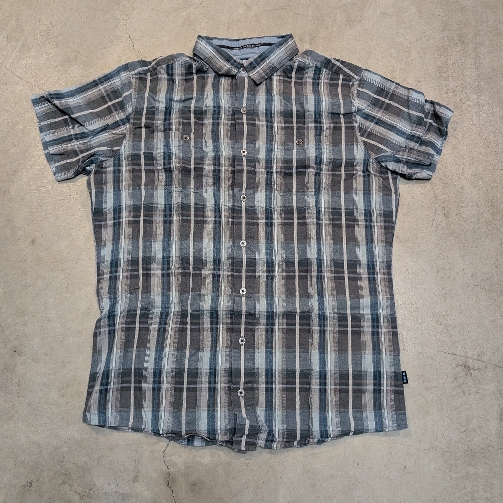 Kuhl Stealth Short Sleeve Shirt Mens L Linen Blend Striped Blue/Gray - Picture 1 of 7